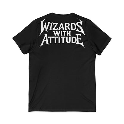 Wizards With Attitude V-Neck Gothic Wizard Skull Text Logo Tee