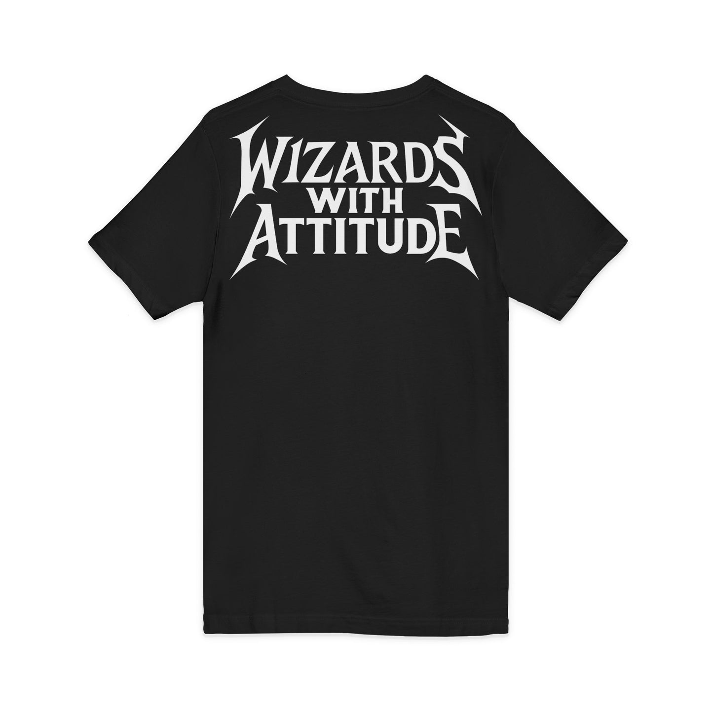 Wizards With Attitude V-Neck Gothic Wizard Skull Text Logo Tee